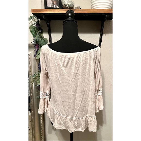 Altar’d State - Flowy Cream Off-Shoulder Top with Lace Trim Sleeves - Picture 4 of 4